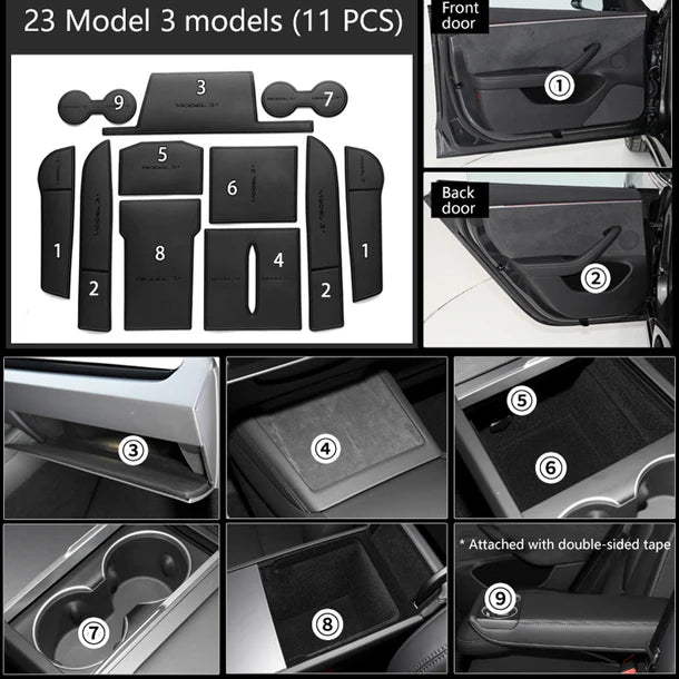 2021-2024 Tesla Model 3 Highland | Car Door Slot & Cup Holder Silicone Dust Pad Set
