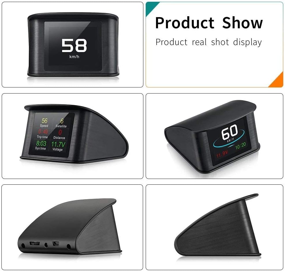 T600 Universal Car HUD provides a digital GPS speedometer with speedup test and brake test features, along with an overspeed alarm.