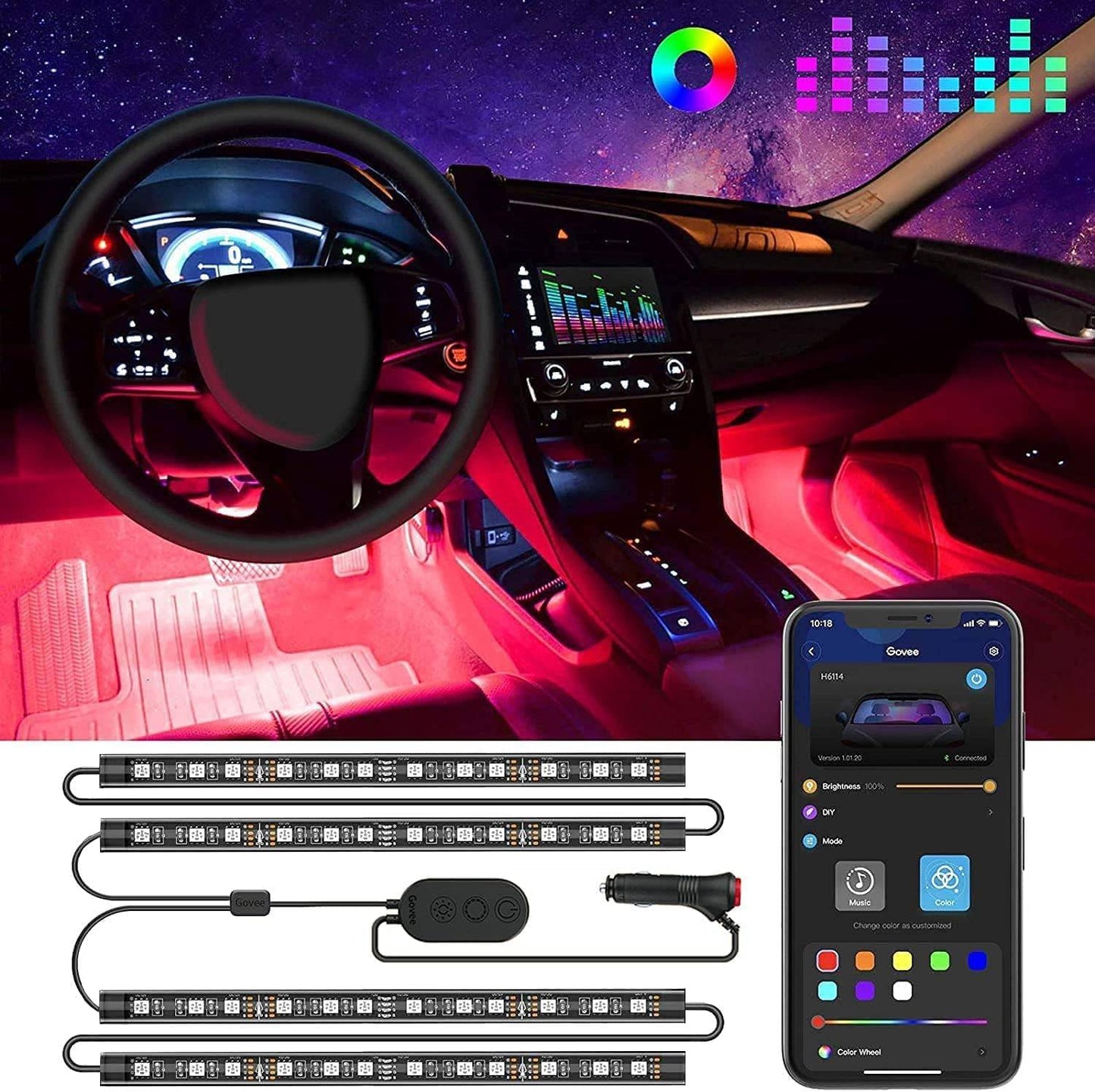 Govee Car LED Light, Govee car LED lights with smart app control, DIY mode, music mode, and 2-line design for cars with DC 12V charger.