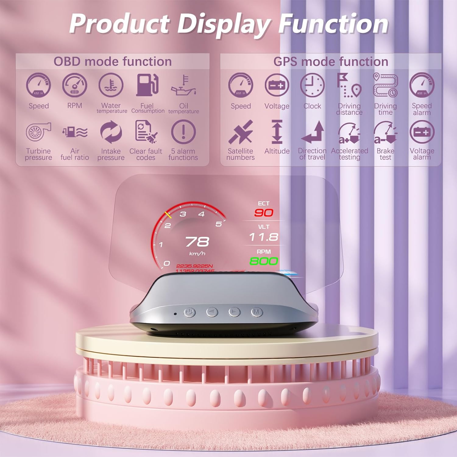 Heads Up Display for Cars C3 is an OBD2 gauge display showing speed, water temp, fuel consumption, and overspeed alarm.