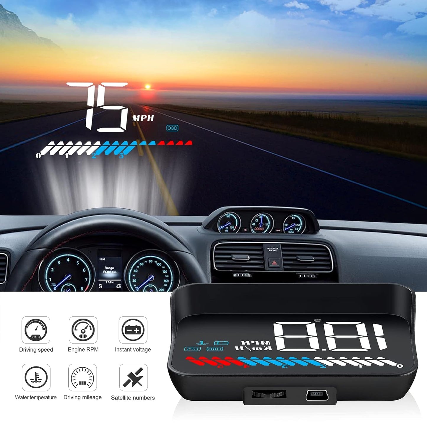 The Car HUD Head-Up Display M7 is a smart gauge displaying driving stats.