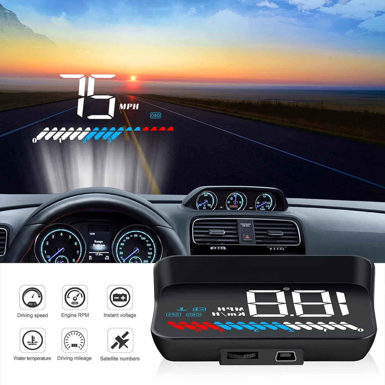 The Car HUD Head-Up Display M7 is a smart gauge displaying driving stats.