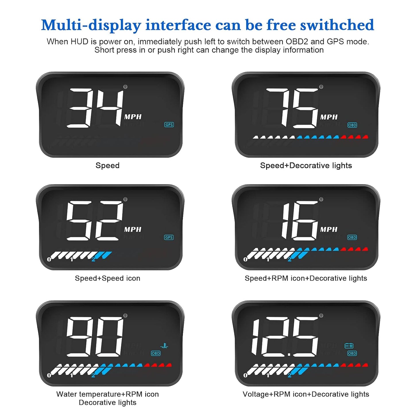 The Car HUD Head Up Display M7 is a smart gauge showing driving information like speed, engine RPM, voltage, and more, compatible with all cars.