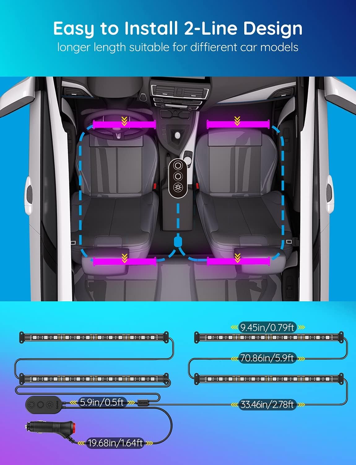 Govee Car LED Light, Govee car lights are smart interior lights with app control, offering DIY mode and music mode, suitable for cars with a car charger.