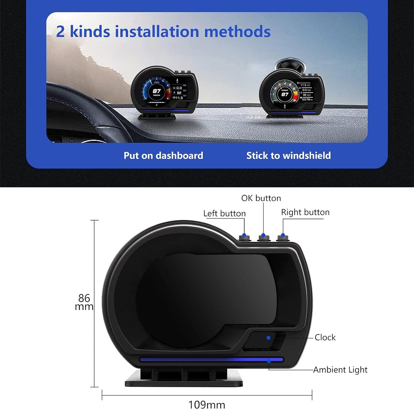 Car HUD, A car device that installs two ways: dashboard or windshield. Measures speed, time, and light with OBD and GPS.