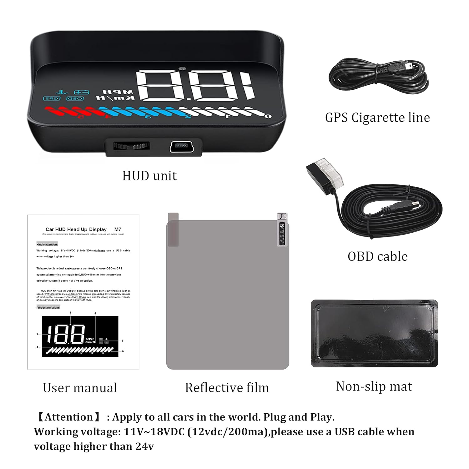 Car HUD, A car HUD display shows speed, engine RPM, voltage, and temperature, suitable for all vehicles.