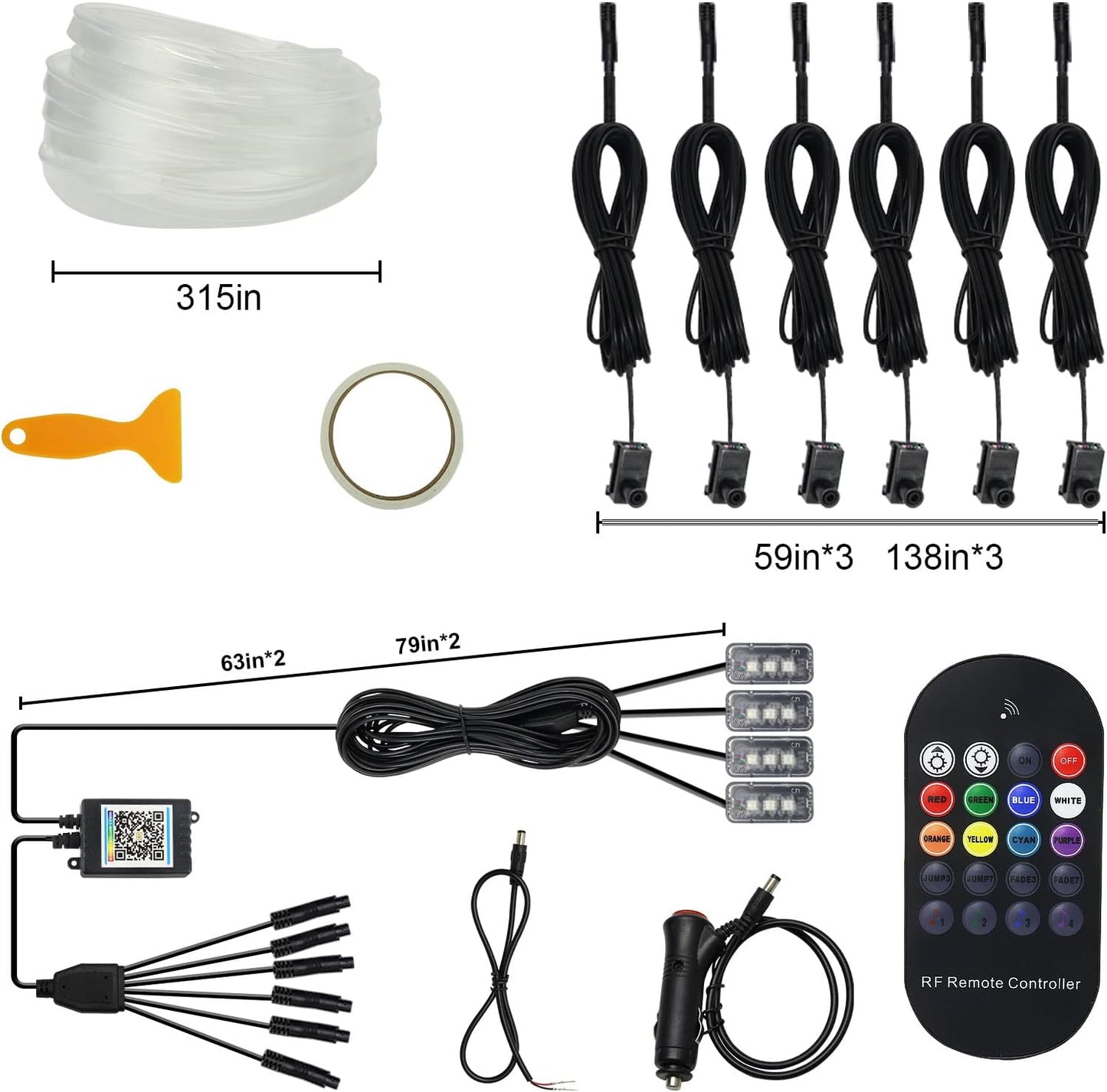 10 in 1 Car Interior Light, Car interior light kit with ambient lighting, fiber optic, app control, multicolor RGB neon LED strip lights, music sync, and DIY modes.