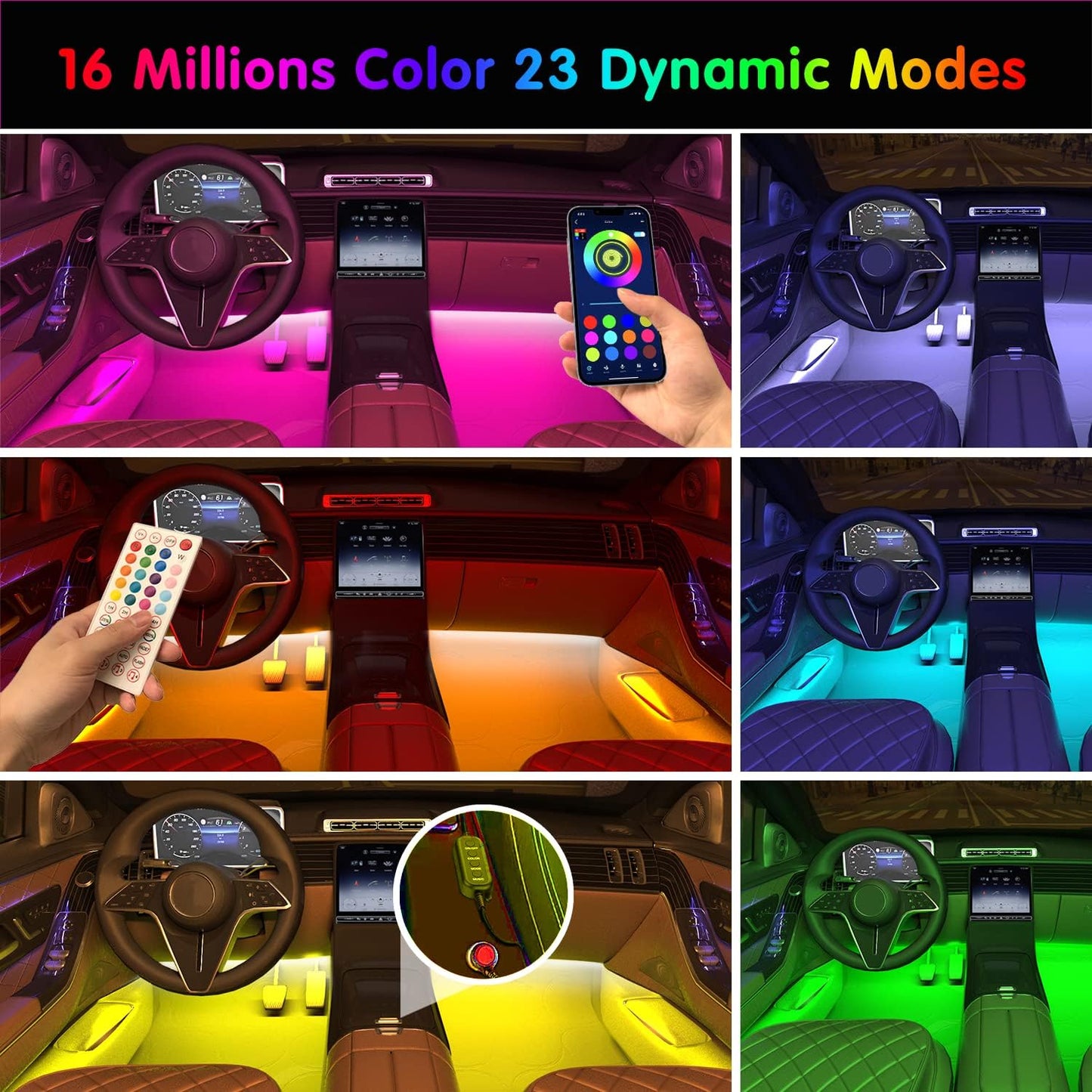 Interior Car Light, Car interior lights with APP control and remote music sync, featuring 16 million colors and 23 dynamic modes.