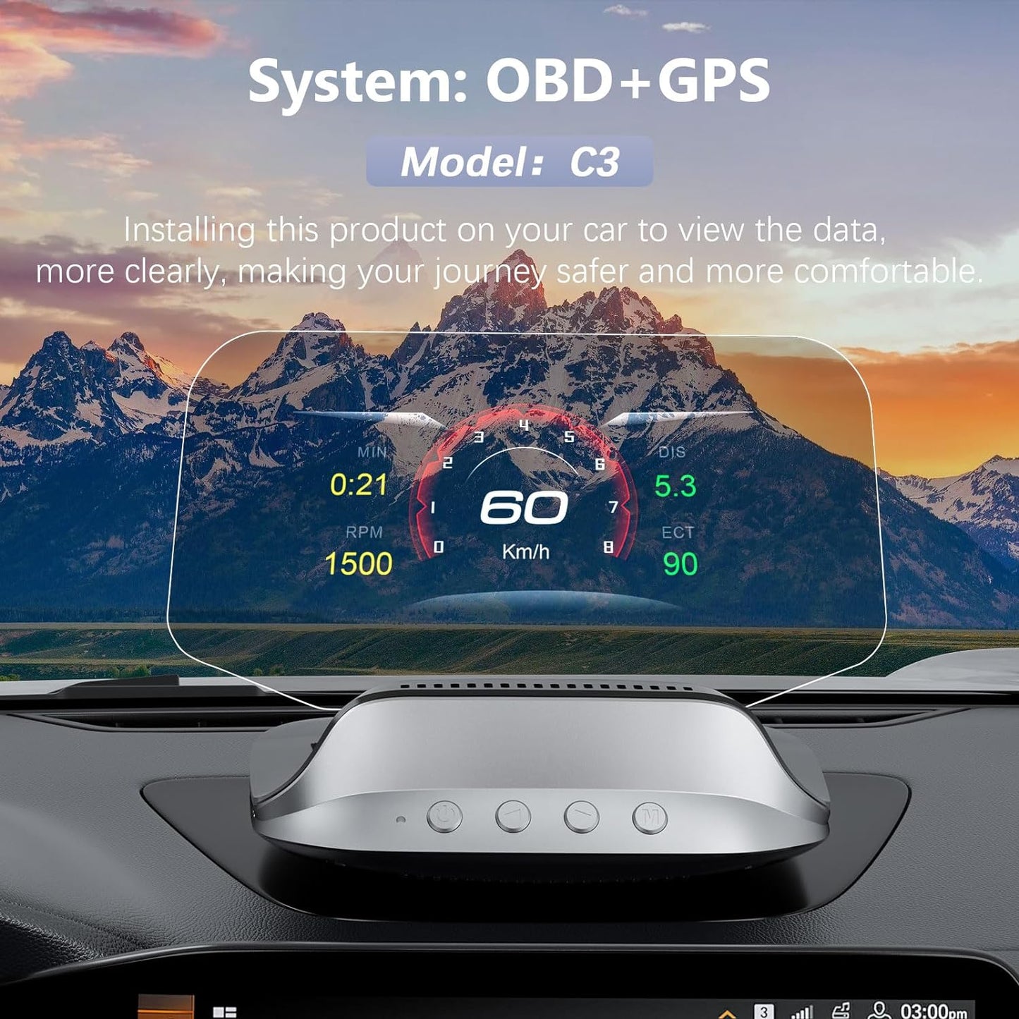 Heads Up Display for Cars C3 displays speed, water temperature, fuel consumption, and overspeed alarm for all cars.