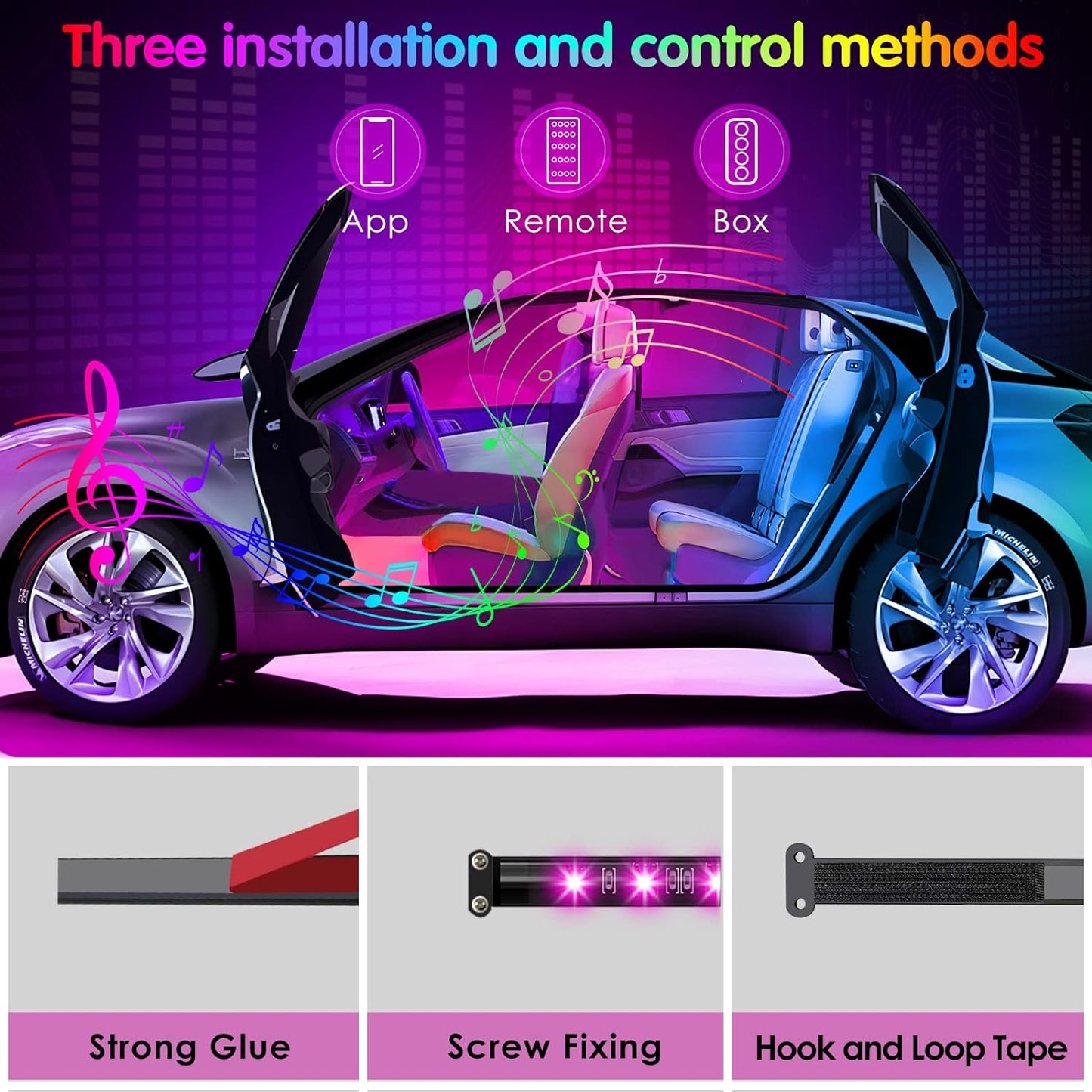 Interior Car Light, APP controlled car lights with remote, music sync, color change, and charger, featuring 12V LED lights.