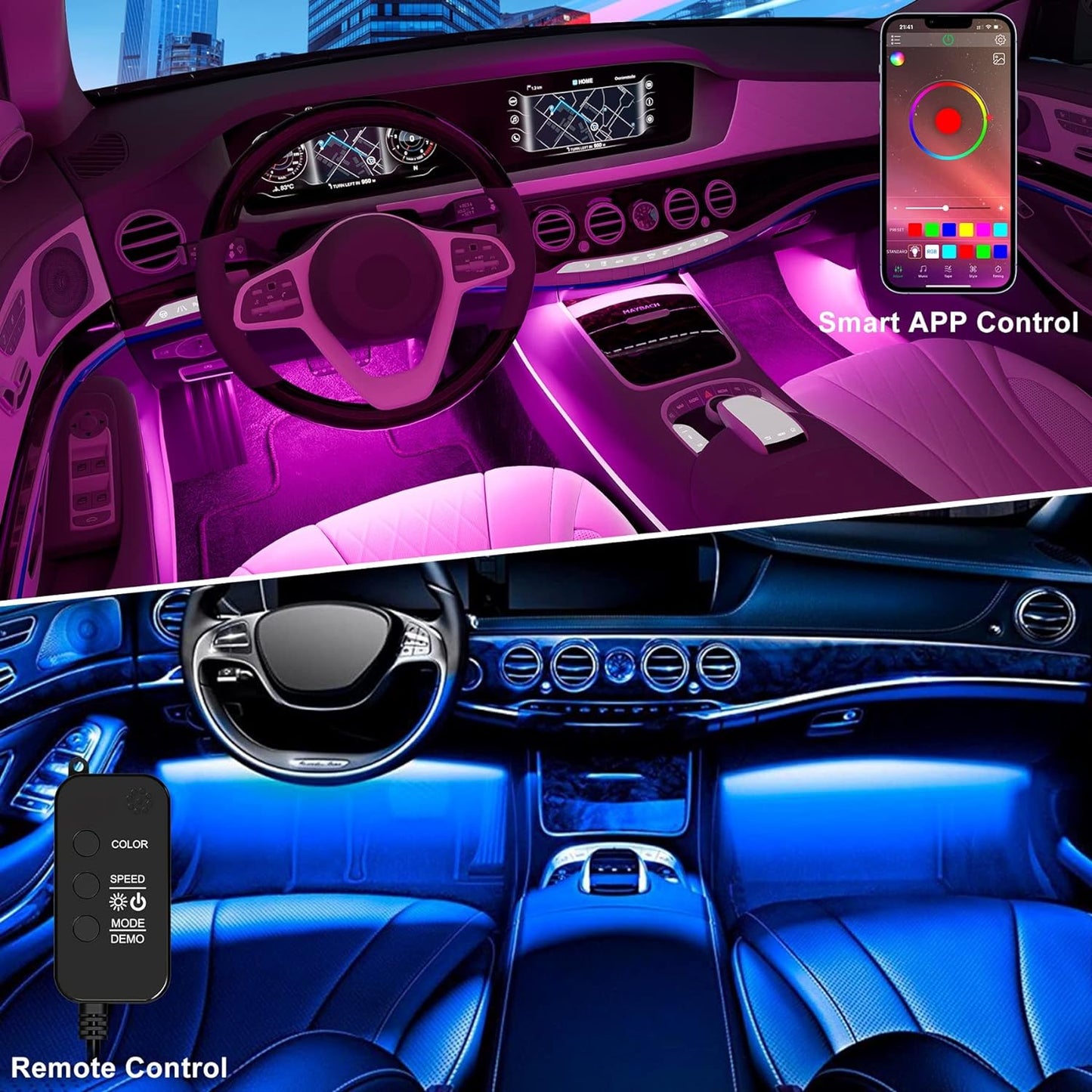Car LED Light, Smart LED car lights with app control and RGB interior lighting, includes charger and operates at 12V.
