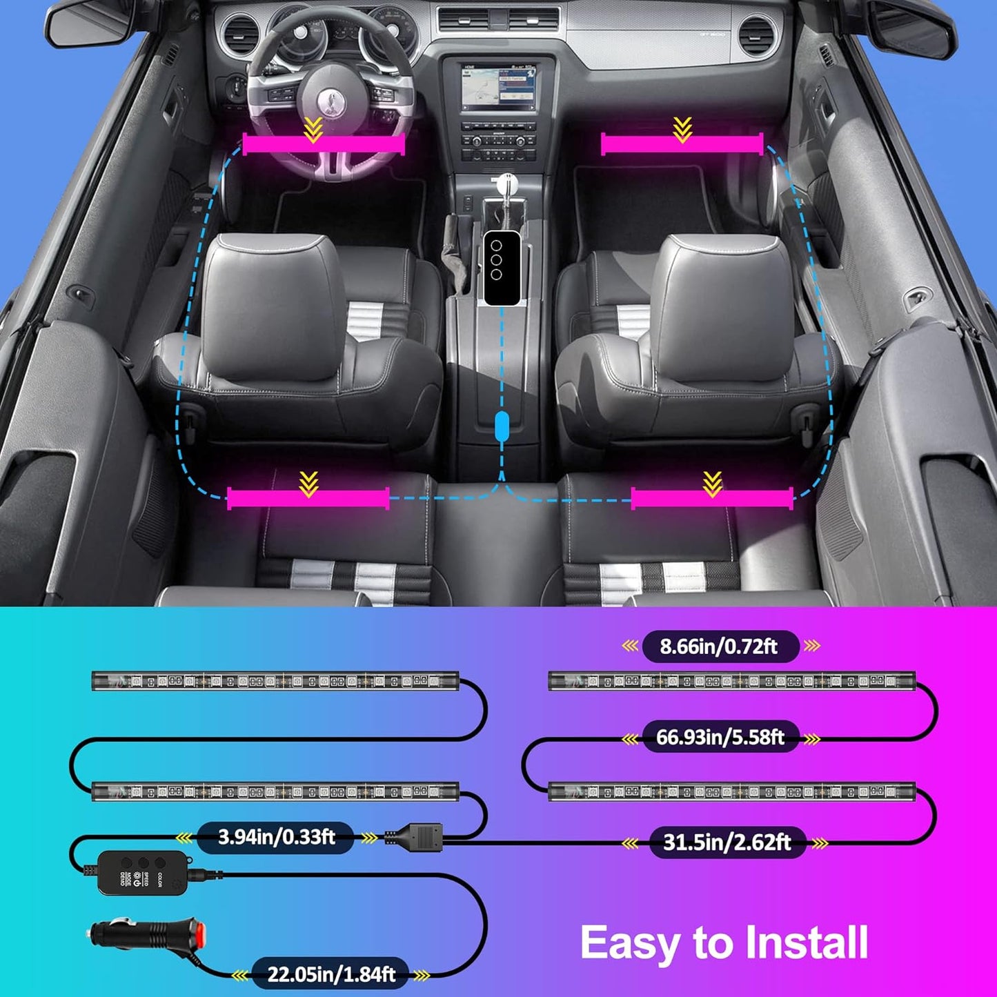 Car LED Light, Car LED lights with smart app control and RGB colors, including 4 strip lights and a car charger.