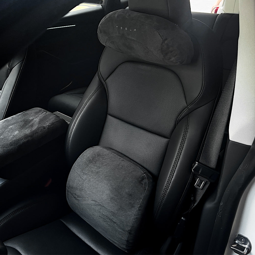 Alcantara Memory Foam Headrest & Lumbar Support Pillow Set for Tesla Model 3 / Model Y / Model S / Model X / Cybertruck – Ergonomic Neck & Back Cushion, Adjustable Strap, OEM-Style Interior Upgrade