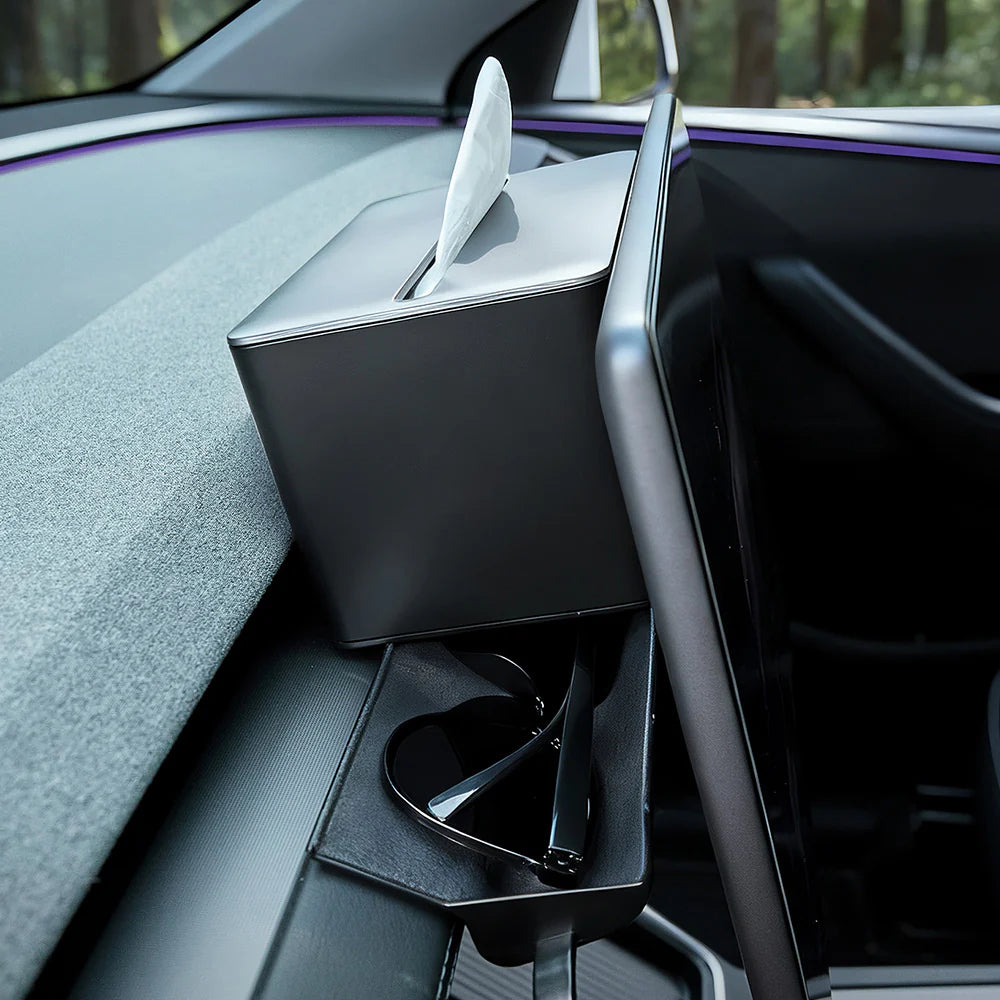 2-in-1 Behind Screen Organizer for Tesla Model Y Juniper 2025+ & Model Y L 2026 – Hidden Tissue Holder & Sunglasses Storage Tray (No Adhesive, Custom Fit Interior Accessory)