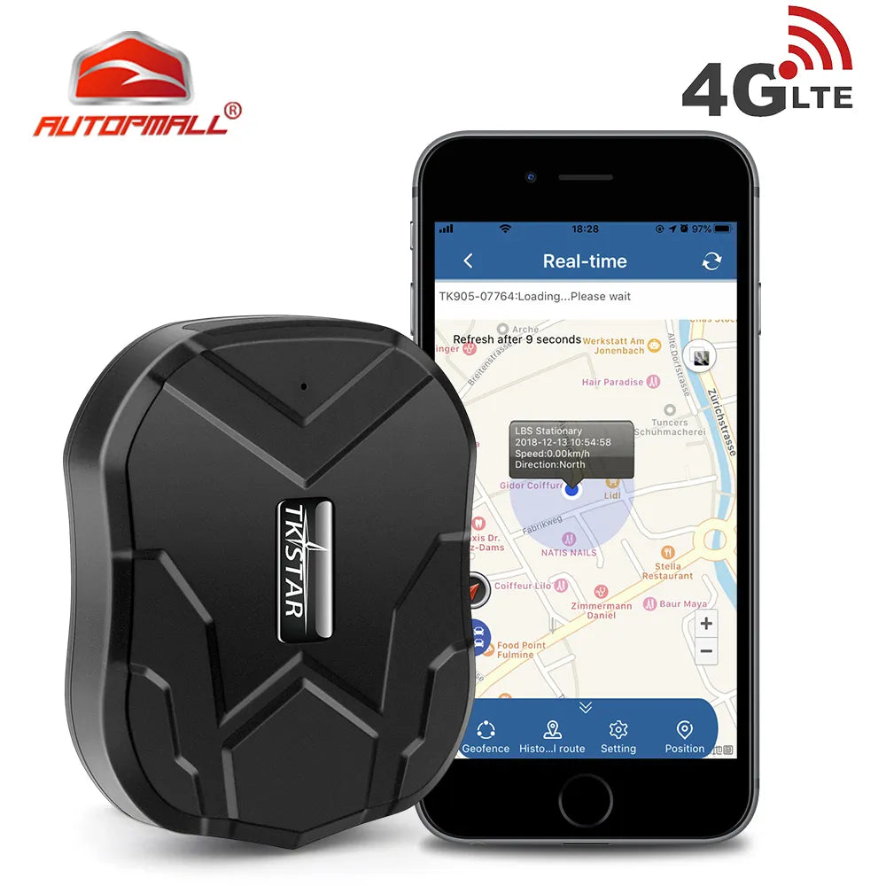 AUTOPMALL Car GPS, A car GPS tracker with magnetometer, 4G connectivity, waterproof design, and shake alarm for vehicle tracking with a free app.