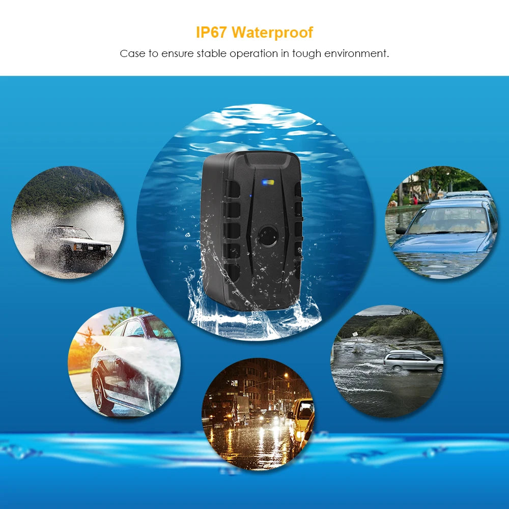 GPS tracker car with long standby time, water-resistant, and shock-absorbing features.