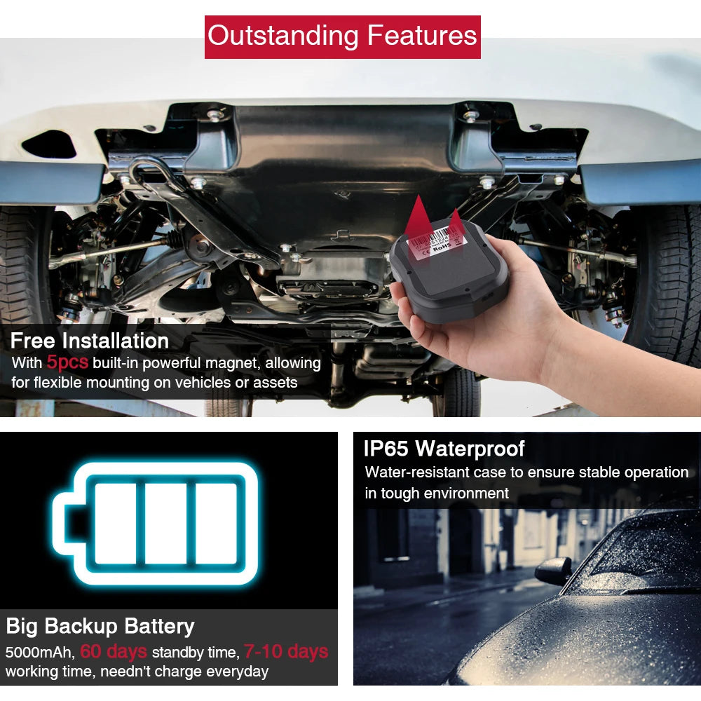 This GPS tracker features a powerful built-in magnet for flexible mounting on vehicles or assets. The IP65 waterproof case ensures stable operation in harsh environments. It also has a large backup battery with 5000mAh capacity, allowing for 60 days of standby time and 7-10 days of working time without needing daily charges.
