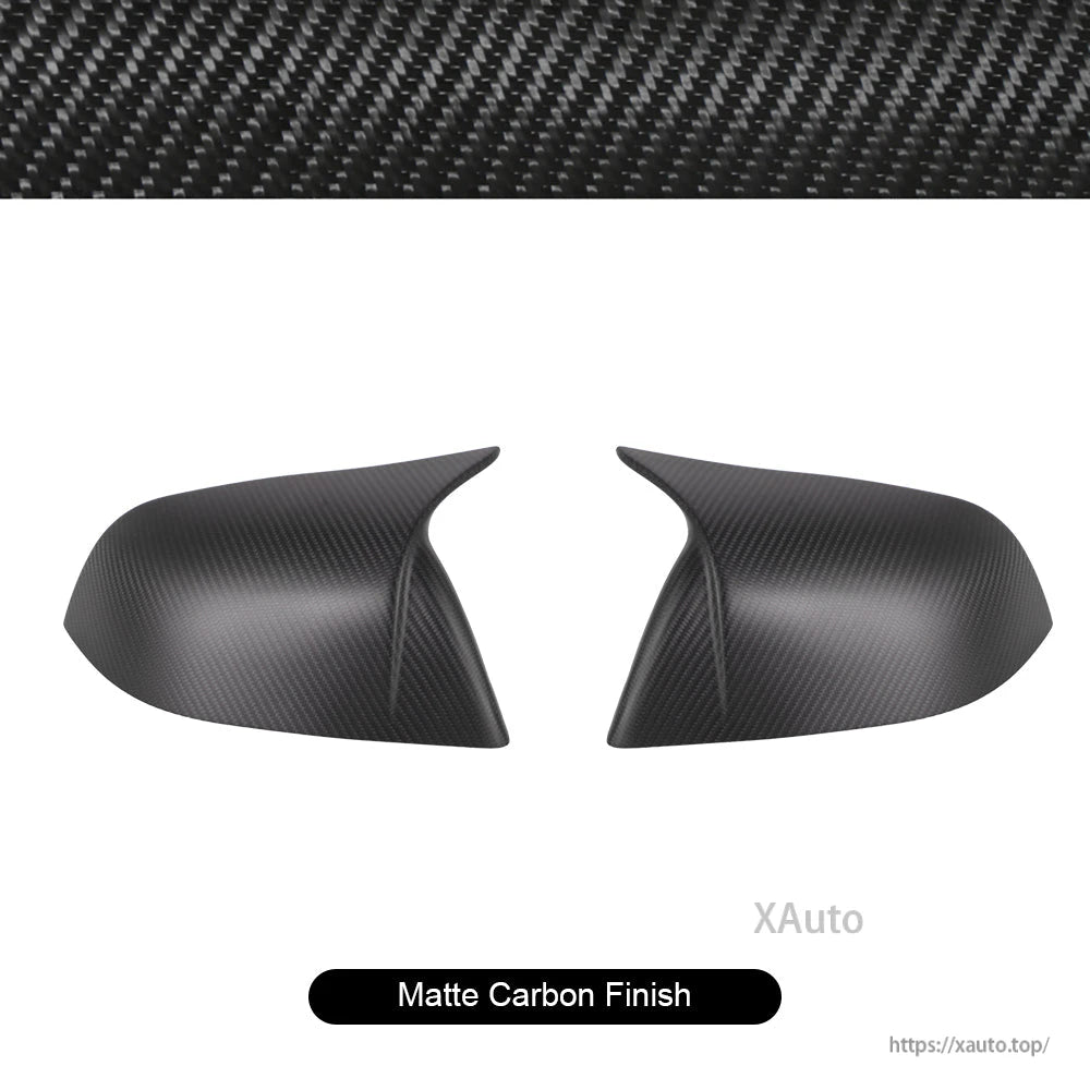 Matte carbon fiber mirror covers shown from side angle, highlighting outer ridge and contour