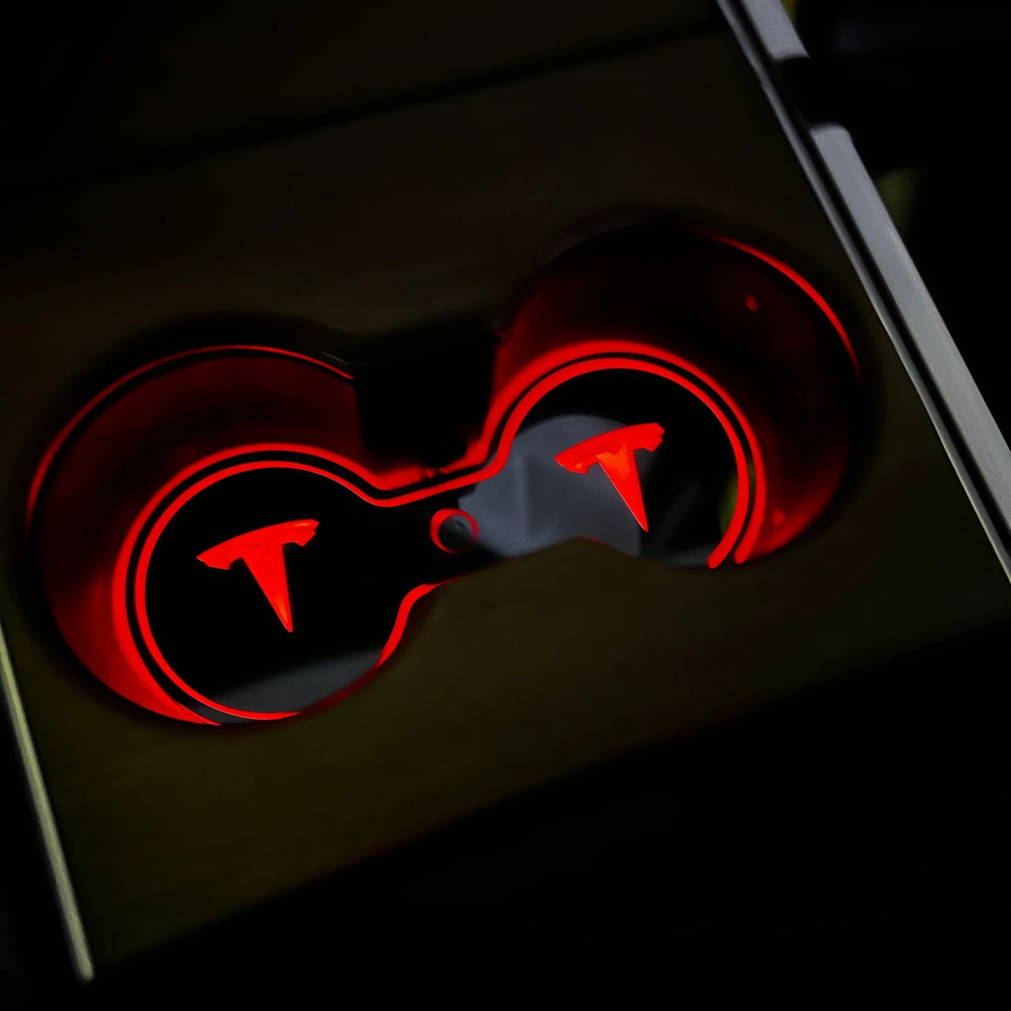 Tesla Model 3 / Tesla Model Y Dual Cup Holder LED Light Pad with T Logo – 7-Color Motion-Activated Illuminated Cupholder Inserts