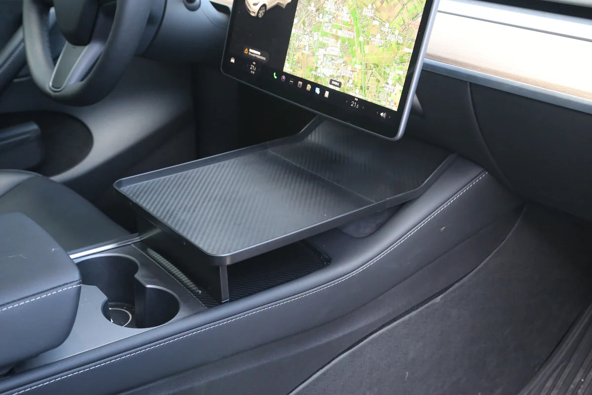 Tesla Model 3 & Model Y Center Console Picnic Table – Portable Carbon Fiber Tray for Meals, Work, and Storage