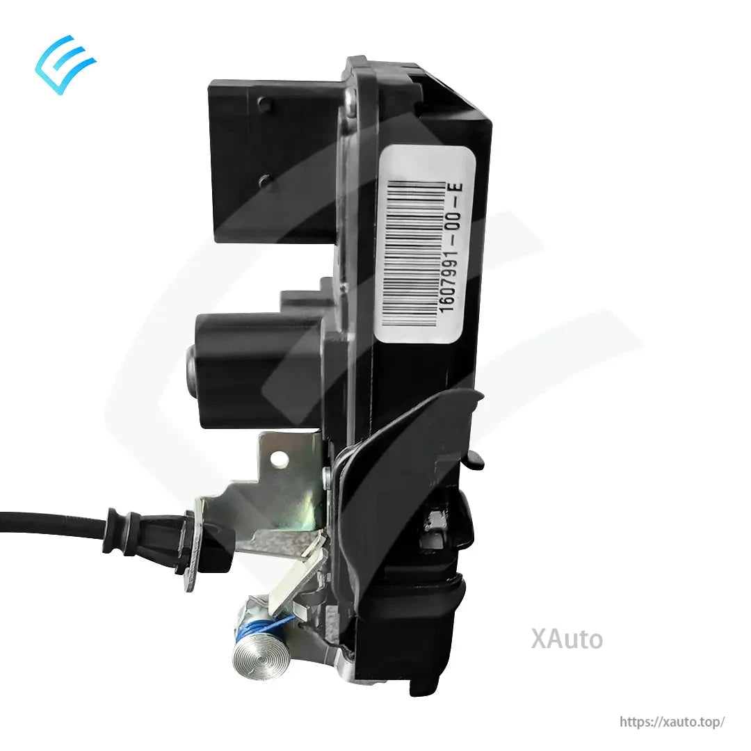 Side profile of door latch unit showing mounting bracket, cable entry, and part label 1607991-00-E