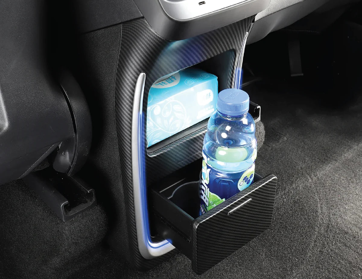2nd Row Armrest Storage Organizer with Hidden Cup Holder & LED Light for Tesla Model Y (2020–2024)