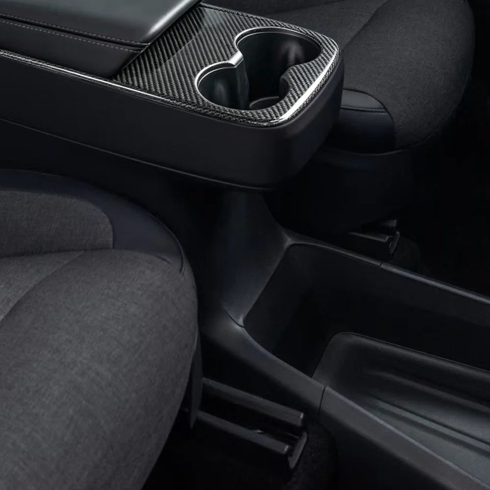 Real 2x2 Twill Carbon Fiber Cup Holder Cover for Tesla Model Y Juniper (2026+ Standard) – Center Console Overlay Trim, Glossy or Matte Finish, Easy 3M Installation