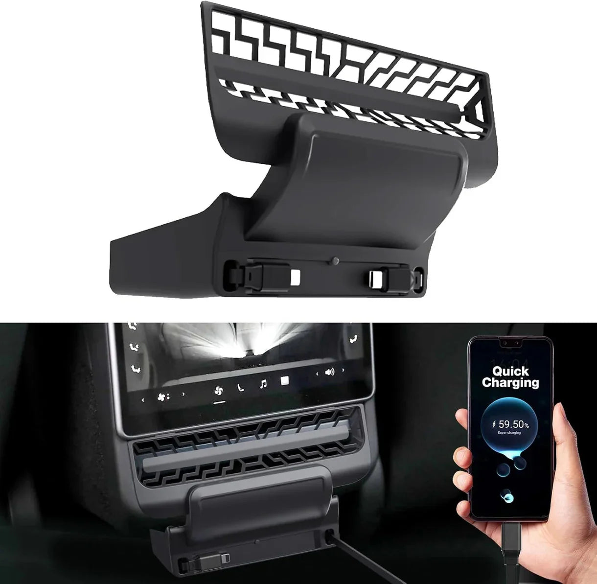 Rear Air Vent Charging Dock with Dual Retractable USB-C & Lightning Cables for Tesla Model 3 Highland 2024–2026 & Tesla Model Y Juniper 2025+ | 90W Fast Charging Rear Outlet Expansion Hub