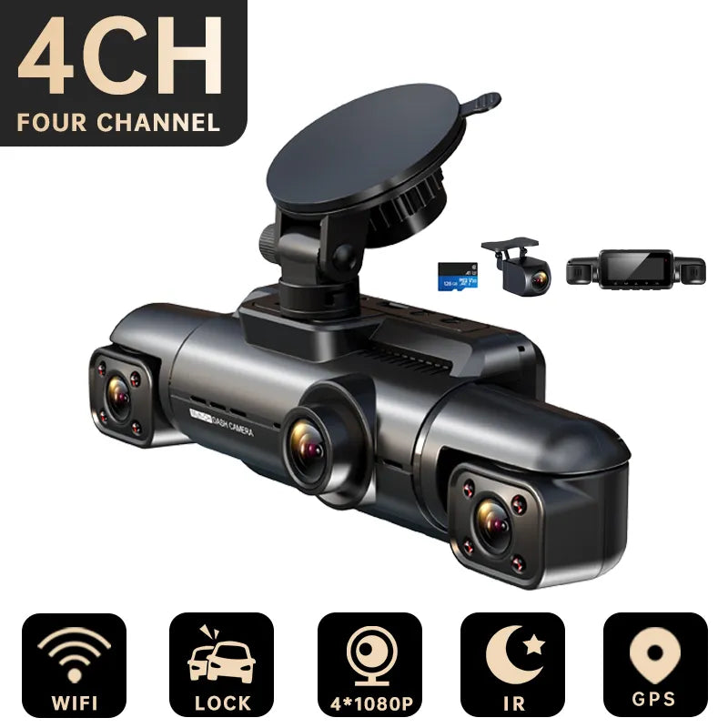 FONDIM car dash cam records 4 channels of FHD 1080P video with night vision, Wi-Fi, GPS tracking, and 256GB storage.