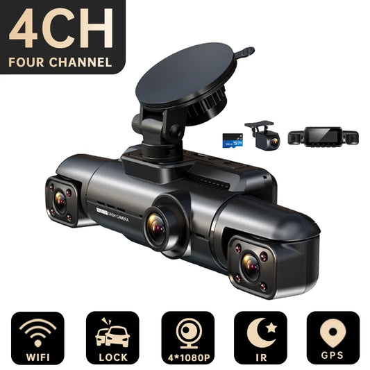 FONDIM car dash cam records 4 channels of FHD 1080P video with night vision, Wi-Fi, GPS tracking, and 256GB storage.