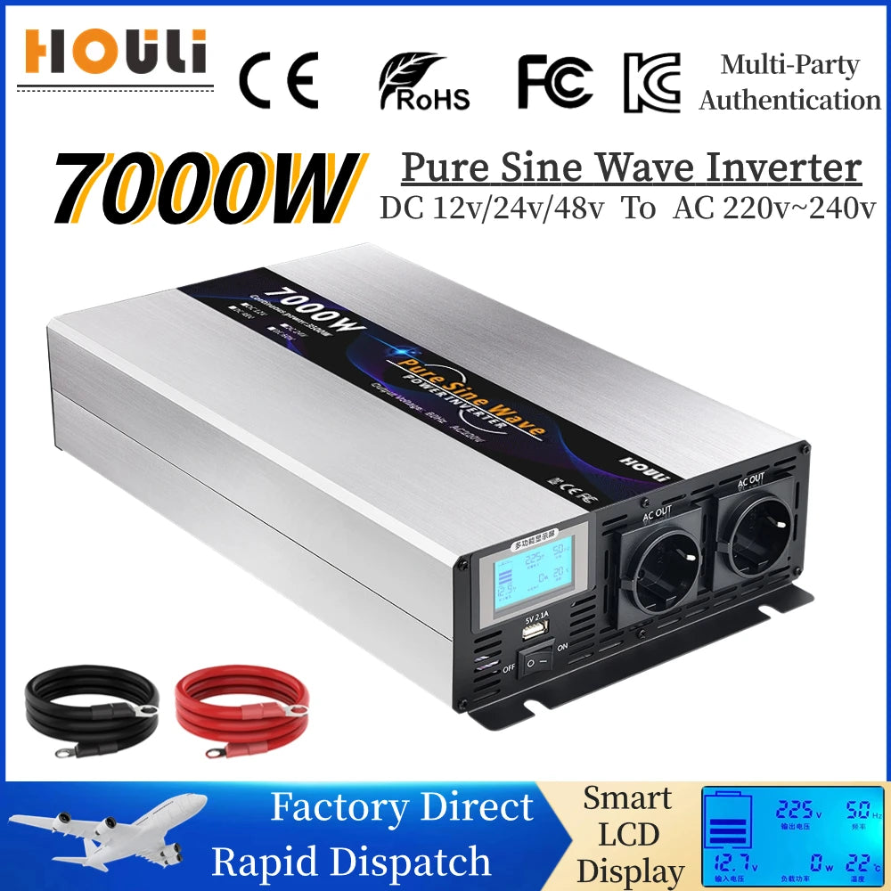A pure sinus wave inverter with multi-purpose uses, 7kW power, and smart display features.