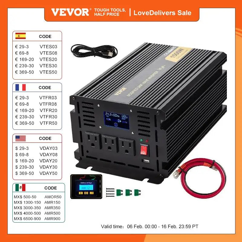 The VEVOR Modified Sine Wave Power Inverter is designed for camping and off-grid use, offering high-efficiency DC-DC conversion with adjustable frequency.