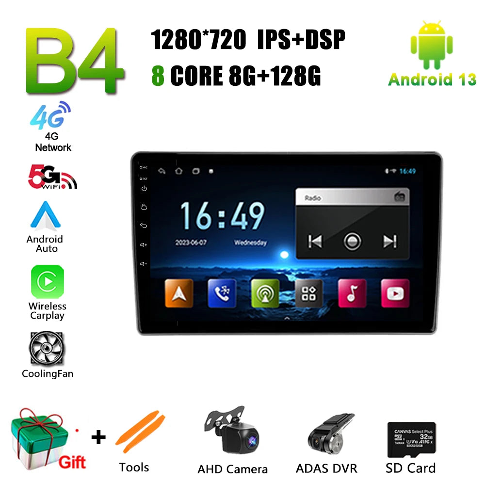 Car radio system for Nissan X-Trail (2000-2007) with Android 13 navigation and Apple wireless car play features.