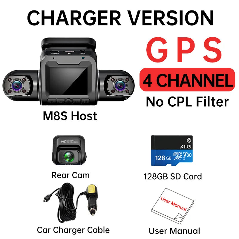 FONDIM Mini Hidden Car Dash Cam M8S 4CH DVR, FONDIM Mini Hidden Car Dash Cam M8S records 360 HD video with features like night vision, GPS, and Wi-Fi.