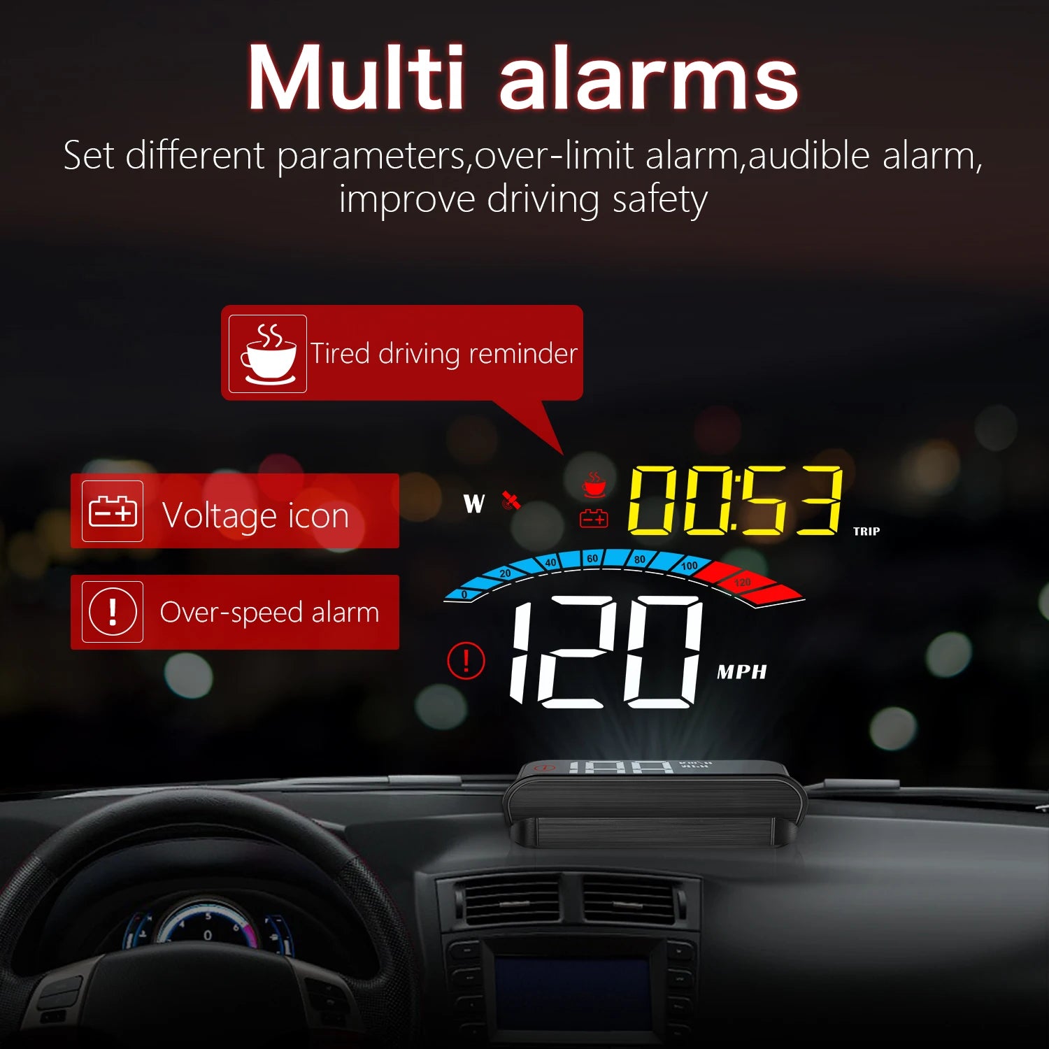 M16 HUD, Improve driving safety with a head-up display featuring multi-alarms, customizable parameters, and alerts for fatigue, overspeed, and voltage fluctuations.
