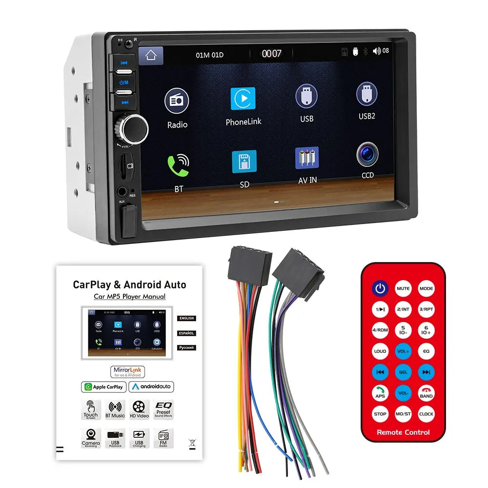 Universal CarPlay, Universal car stereo features 7-inch touchscreen display, supports CarPlay and Android Auto, with USB, SD card slot, Bluetooth, and more.