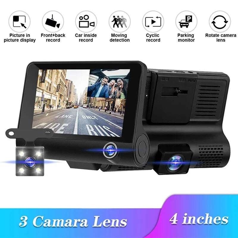 Car DVR, A car DVR with a large screen, three cameras, and reversing video recorder, featuring a tachograph for logging driving data.