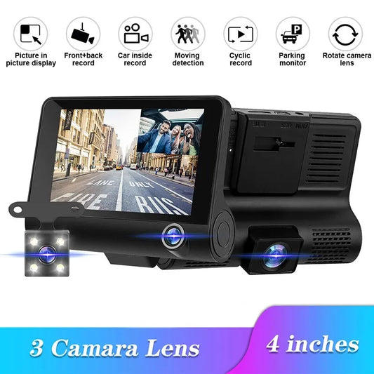 Car DVR, A car DVR with a large screen, three cameras, and reversing video recorder, featuring a tachograph for logging driving data.