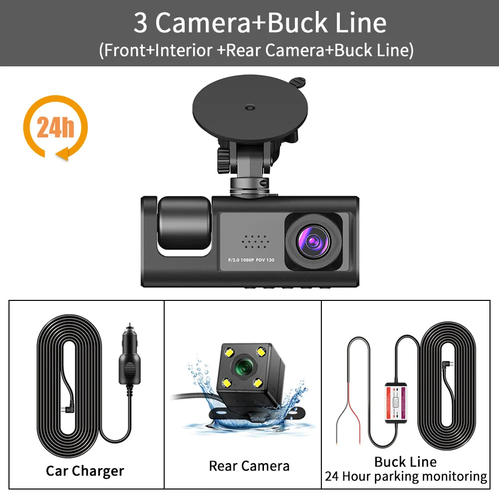 This three-channel dash cam video recorder features front, interior, and rear cameras with a 24-hour parking monitor.