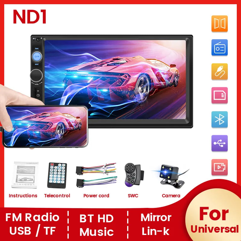 Navifly ND1 car radio features 7-inch HD touchscreen, multimedia player, MP3 player, Bluetooth, SWC, TF card slot, FM, and camera.