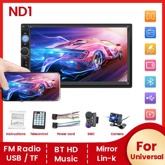 Navifly ND1 car radio features 7-inch HD touchscreen, multimedia player, MP3 player, Bluetooth, SWC, TF card slot, FM, and camera.
