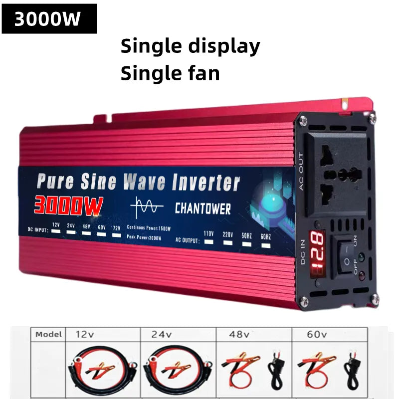 Pure Sine Wave Inverter converts DC power from 12V or 24V to AC power at 110V or 220V with output powers.