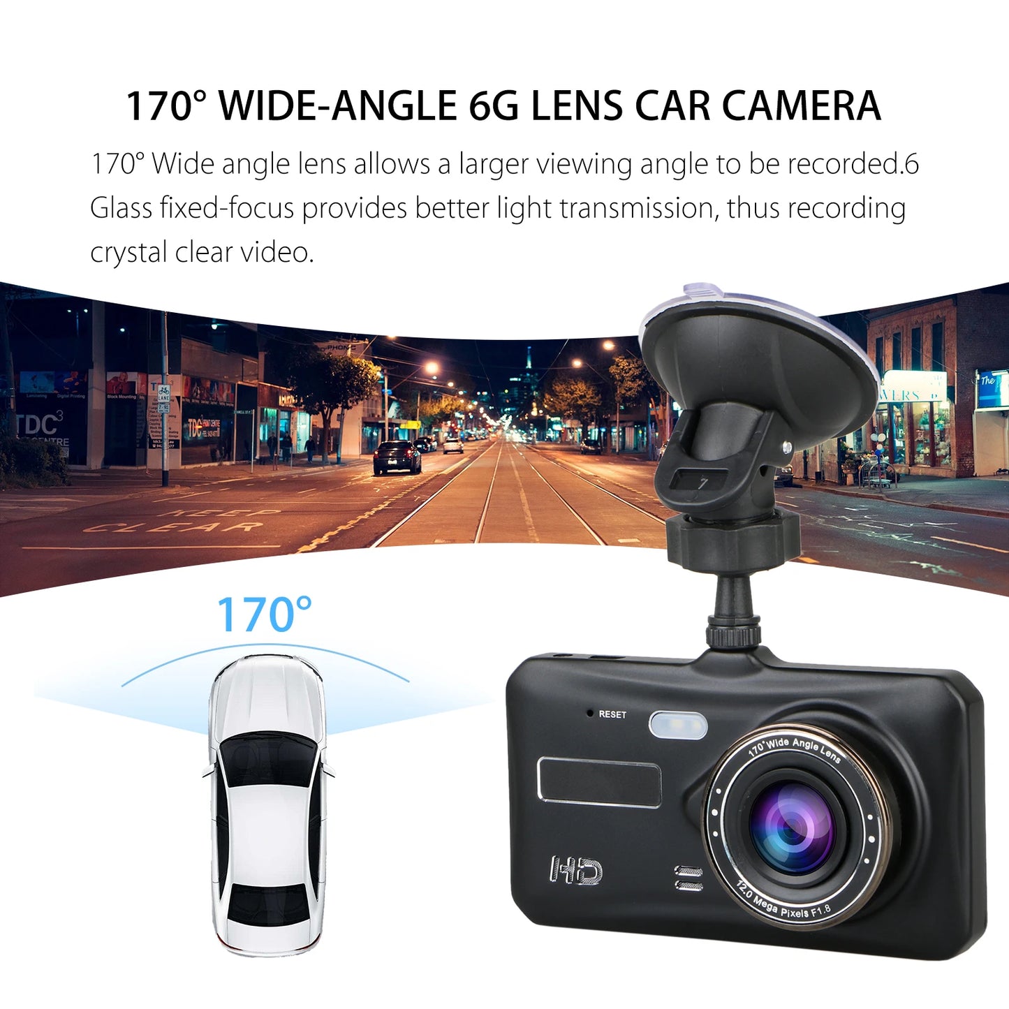 Dash Cam Front and Rear Camera CAR DVR, A car video recorder with front and rear cameras for recording driving experiences in full HD 1080p.