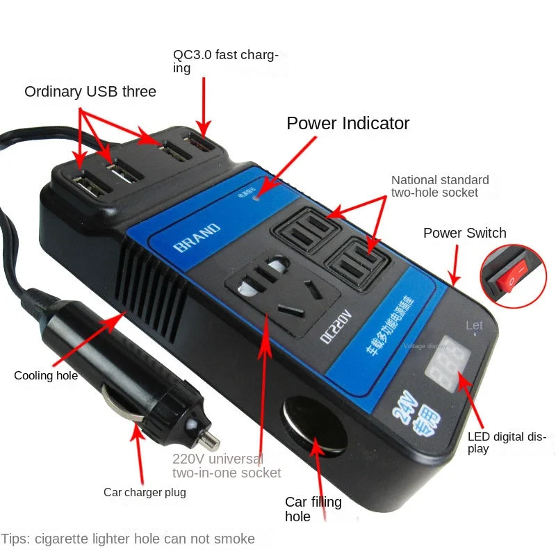 Car Power Inverter, A car power inverter converts 12V DC to 24V AC for charging devices or powering appliances.