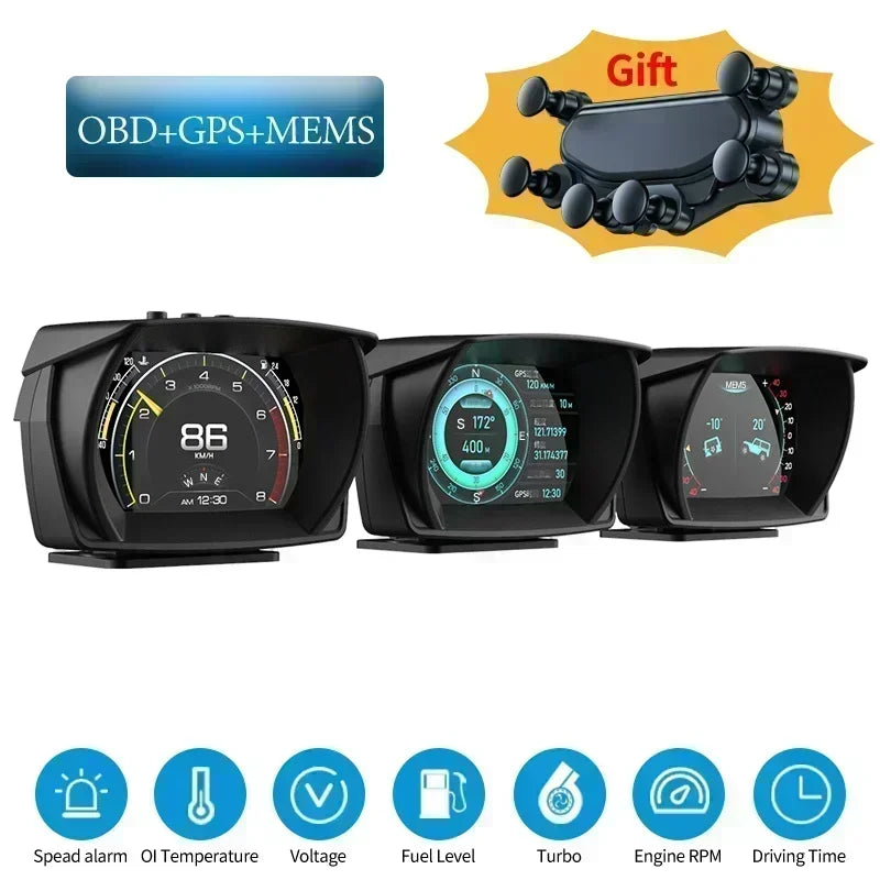 Car head-up display with OBD2, GPS, and various gauges for monitoring vehicle performance and security.