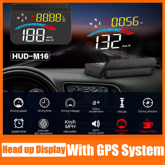 M16 HUD is a head-up display for cars featuring GPS, digital windshields, speed compass, and more.