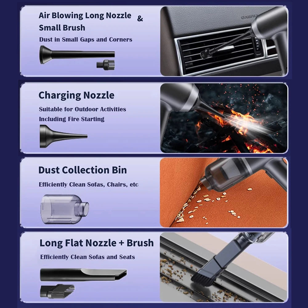 140000PA Car Vacuum Cleaner, A wireless car vacuum cleaner with strong suction and versatile attachments for cleaning various surfaces.