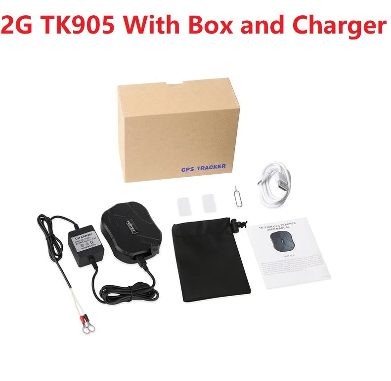 TKSTAR TK905 GPS tracker features 5000mAh battery, 90-day standby, waterproof design, magnetic attachment, and voice monitoring with accompanying web app.