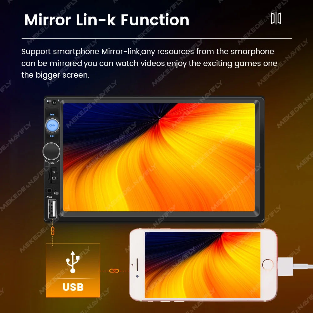 7-inch touchscreen autoradio with multimedia player, Bluetooth connectivity, and smartphone mirroring for video and game playback.