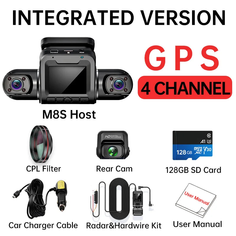FONDIM Mini Hidden Car Dash Cam M8S 4CH DVR, FONDIM mini dash cam with 4 channels, 360-degree view, night vision, GPS, and Wi-Fi capabilities.